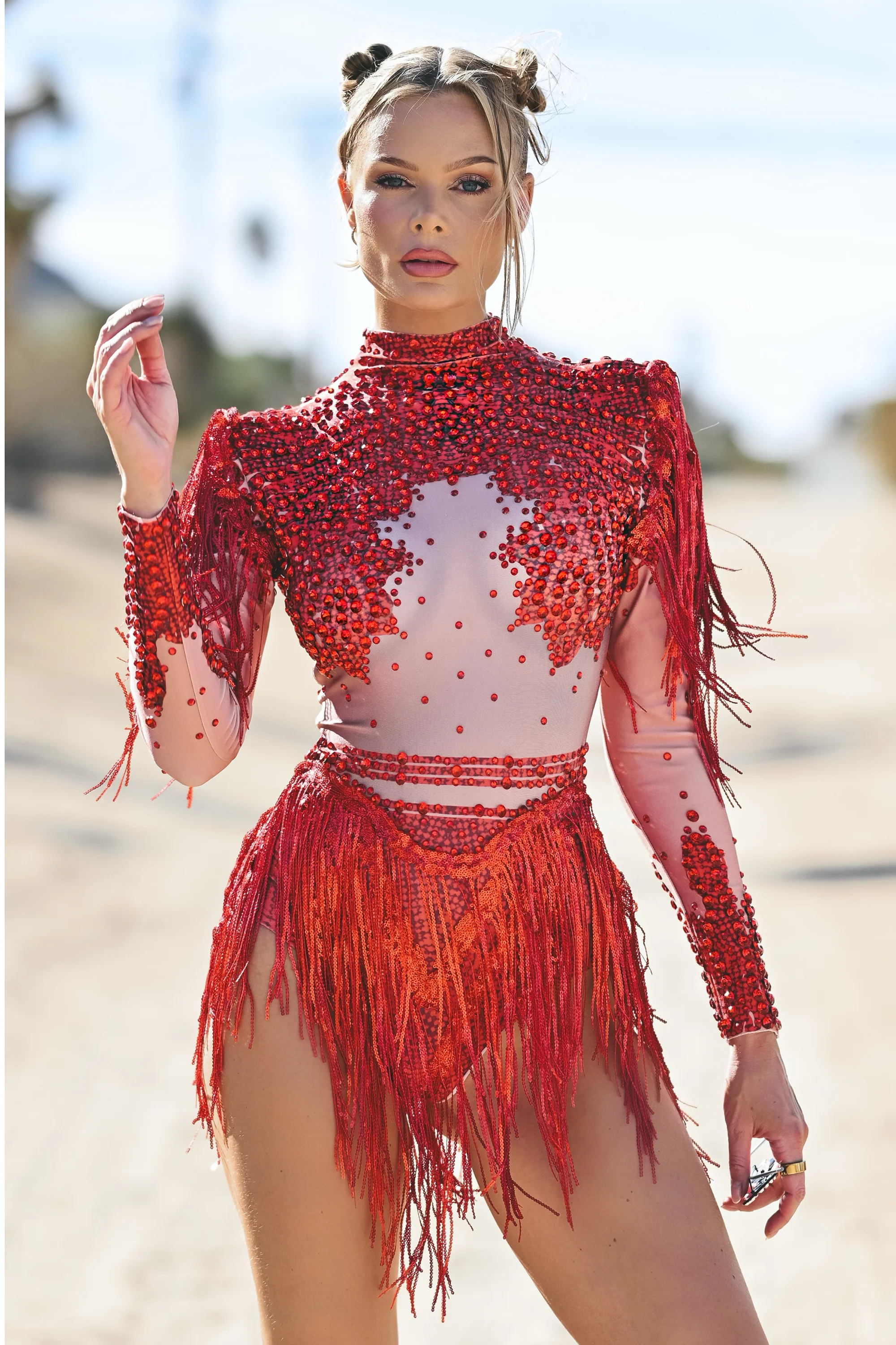 Ciara rhinestone fringe bodysuit red