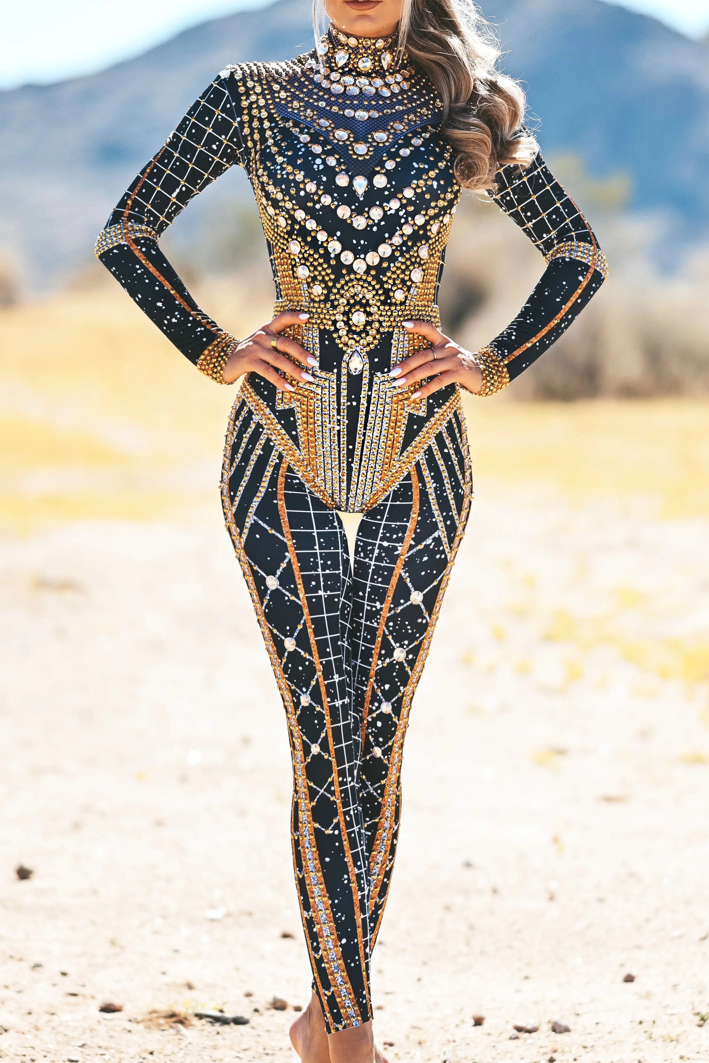 Dominique luxury rhinestone jumpsuit gold