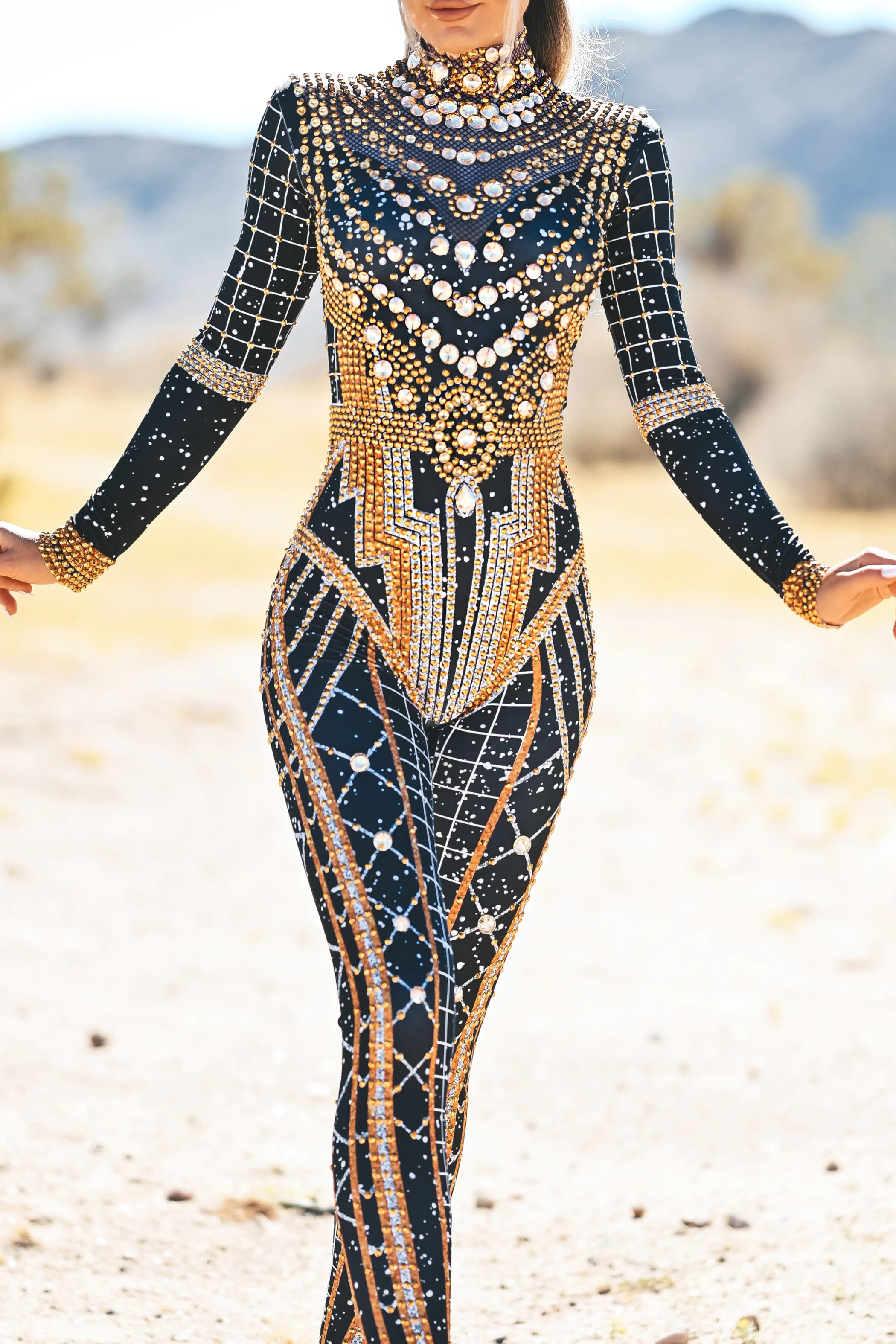 Dominique luxury rhinestone jumpsuit gold - Image 11