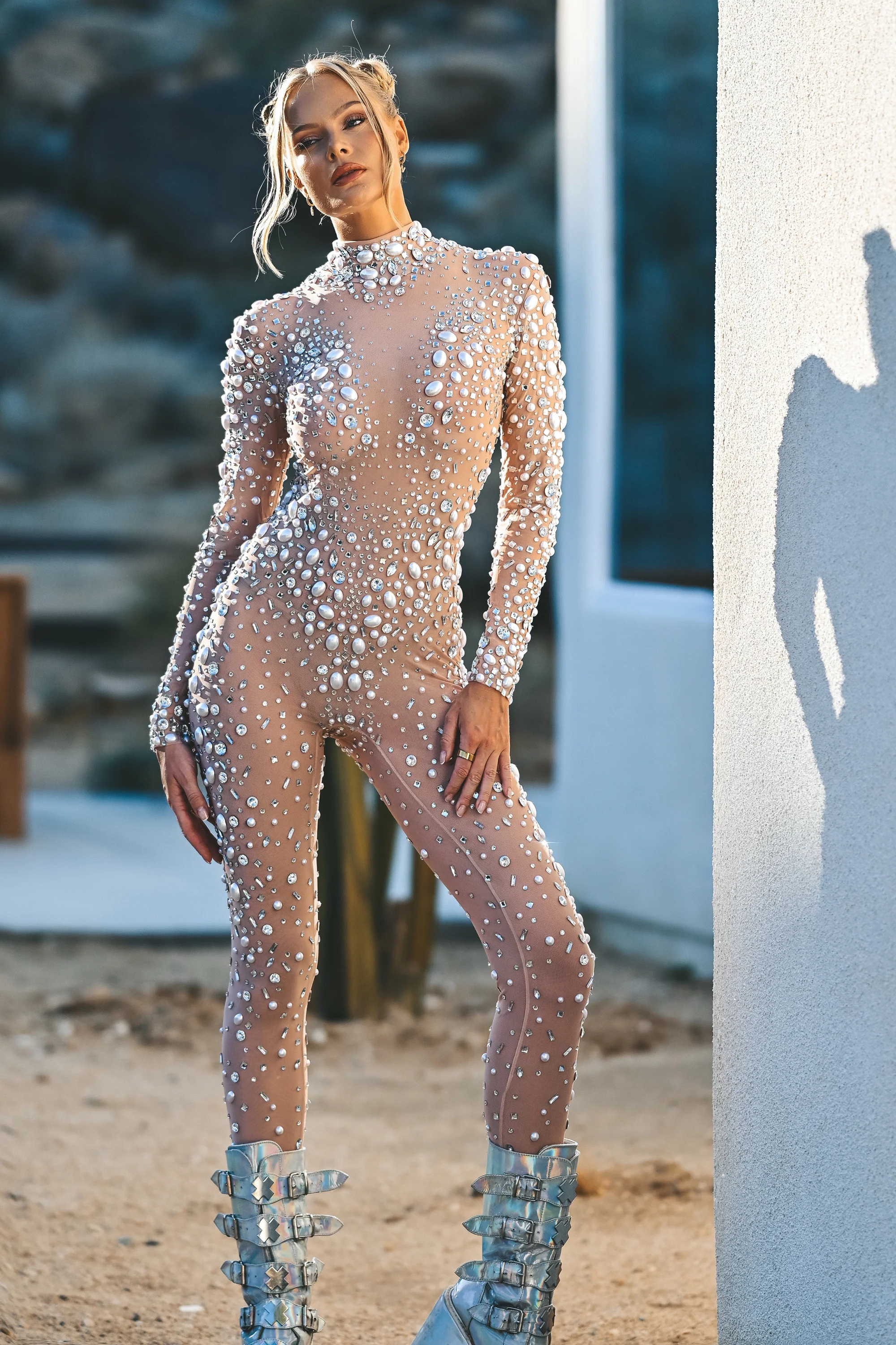 Faye rhinestone pearl mesh jumpsuit beige - Image 6